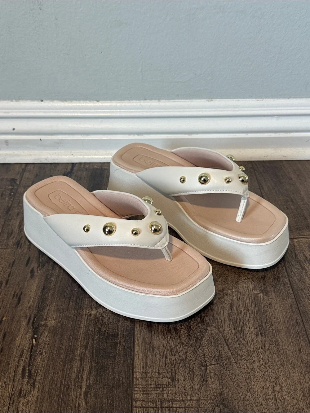 White Platform Thong Sandals with Blush Footbed and Gold Studs